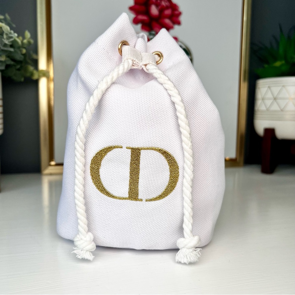 Dior White Canvas Drawstring Cosmetic Pouch with Gold Logo
